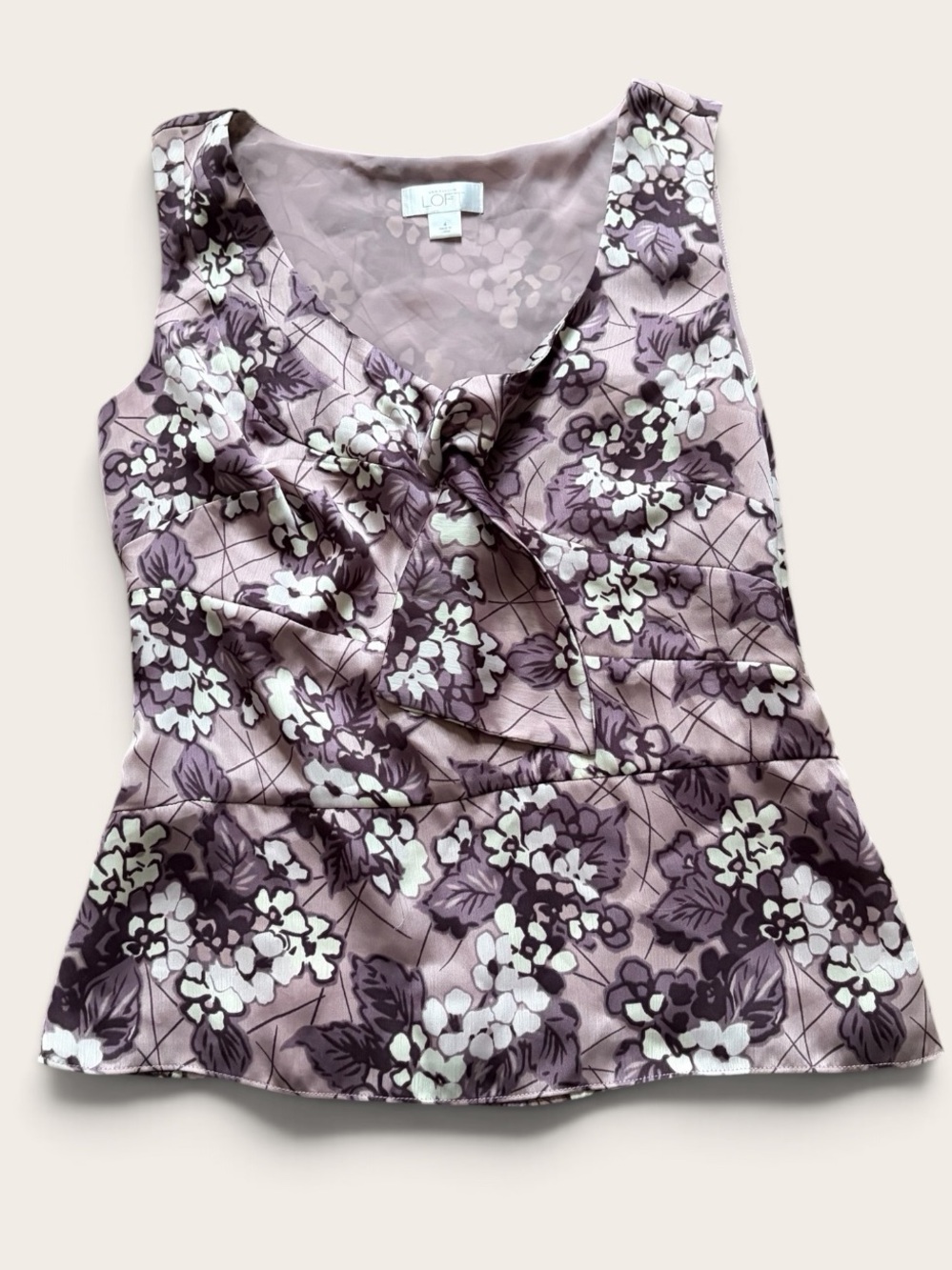 Ann Taylor LOFT Women’s Size 4 Floral Bow Front Sleeveless Blouse Purple Y2K